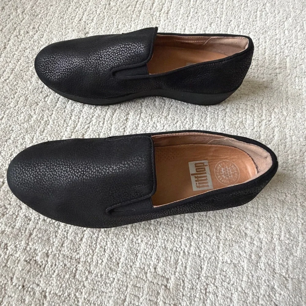 FitFlop Black Textured Leather Slip On Comfort Sneaker Loafer 7 38 Supercomff